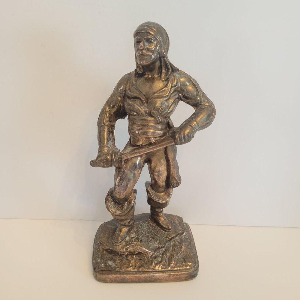Vintage Brass Pirate Figurine Sculpture Holding Sword 8" Tall Nautical Decor
